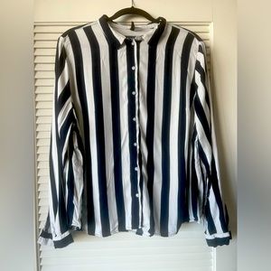 H&M navy blue and white stripped collared button down long sleeve woman’s shirt
